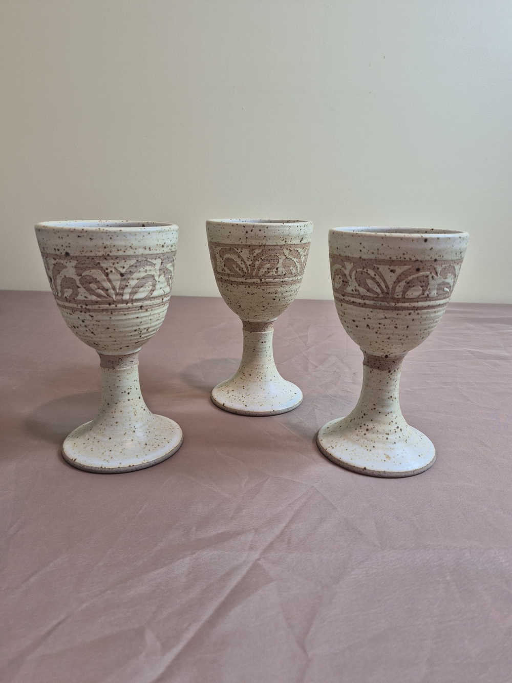 Vtg Mid-Century Studio Art Pottery 3 Goblets Speckled Stoneware Chalices Signed